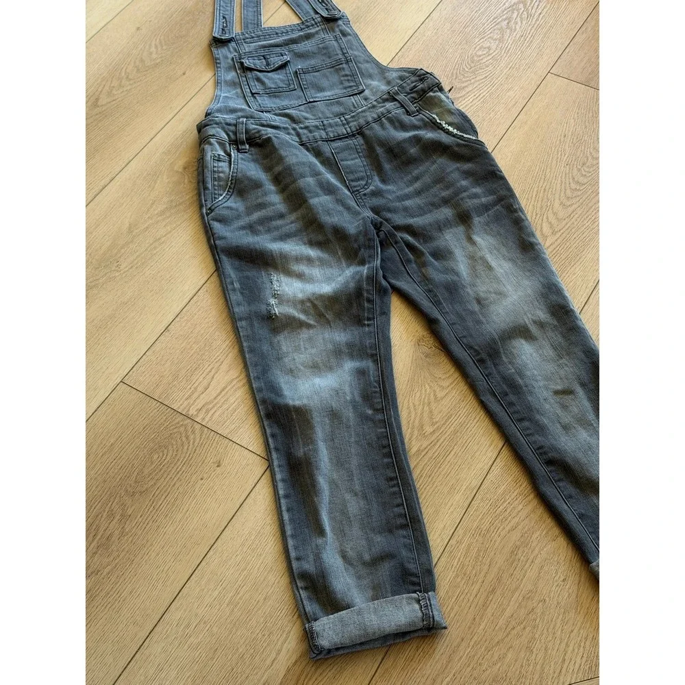 Free People Gray Denim Overalls Slim Tapered Distressed Bib Dungarees Gray